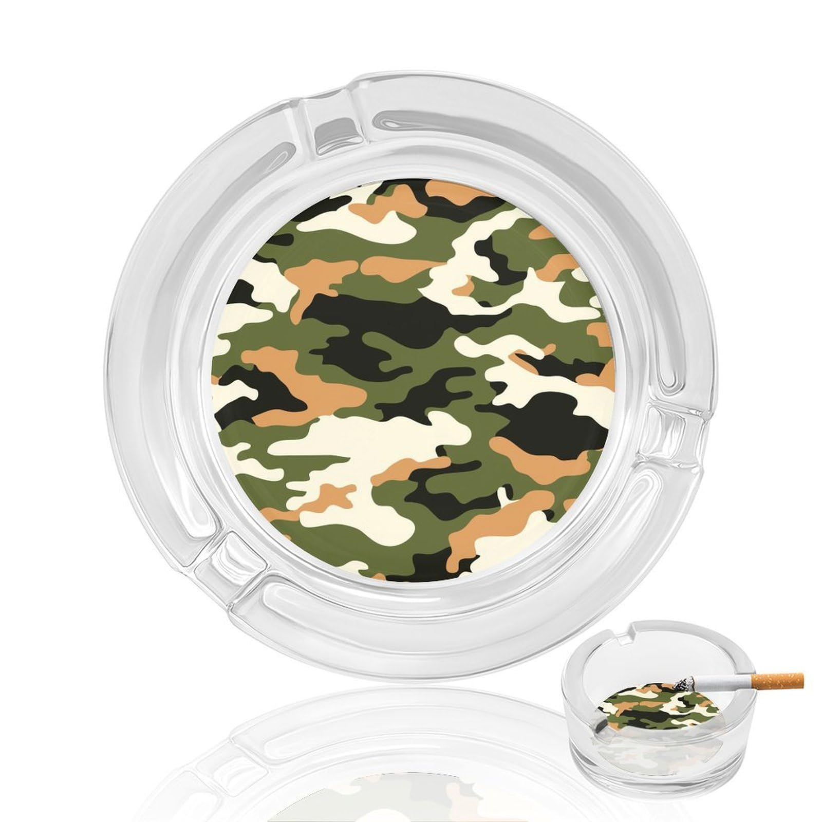 Camouflage Pattern66 Glass Ashtray 3.3 Inch Round Cigarette Ash Holder with 4 Grooves for Home Office Outdoor One Size
