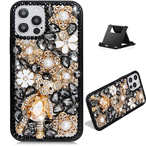 Women Bling Case for OnePlus Nord N100,Shinyzone Sparkly Crystal Diamond Rhinestone Cute 3D Bear Handmade Pearl Flower Design Black Cover with Soft Bumper Edge Heavy Duty Protective Shell