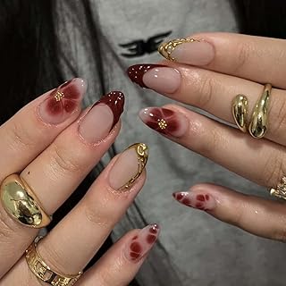 Burgundy Bloom Press on Nails Medium Almond Fake Nails Fall Nails Press ons with Flower and Gold Stripe Design,Full Cover Stick on Nails for Women Manicure,Reusable | Artificial | Easy Apply | 24 Pcs