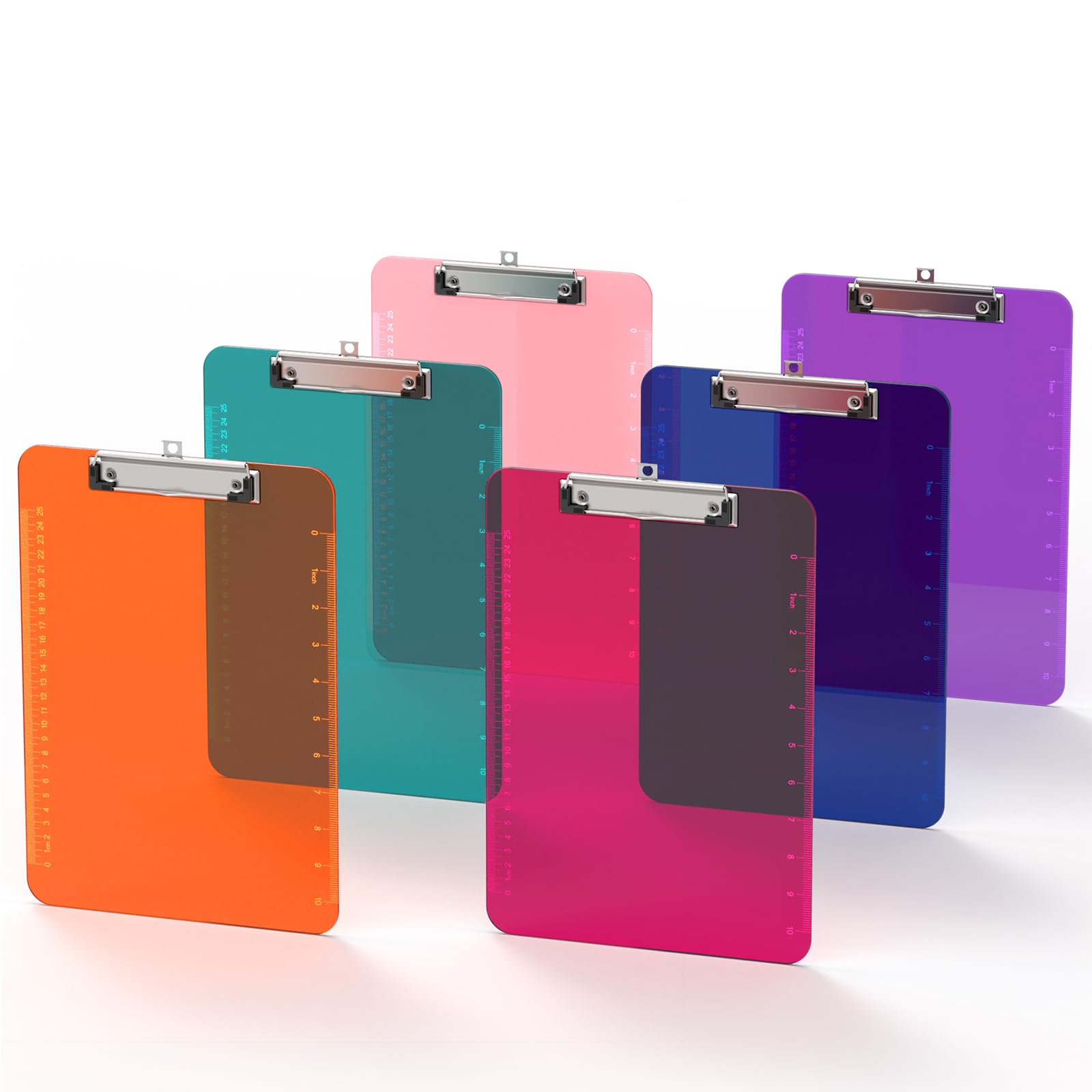 Macroclo Bulk Clipboards Set of 6, 8.5x11 Plastic Colored Clear Clip Board with Ruler, Suitable for Classroom, Students, Kid, Size 9" x 12.5" with Low