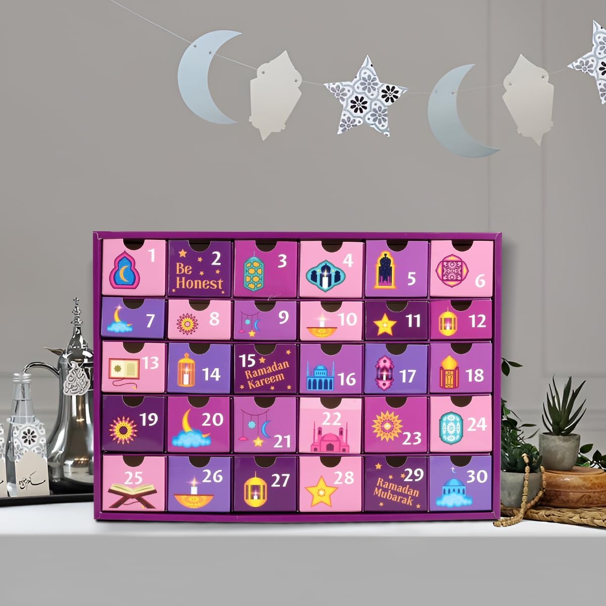 MOVINPE Ramdan Calendar with Drawers 2026 Ramadan Gifts for Kids, 30 Pre-Assembled Empty Boxes Eid Mubarak Coutdown Calendar Fillable Islamic Art Gift Box, Ramadan Party Supplies (Purple)