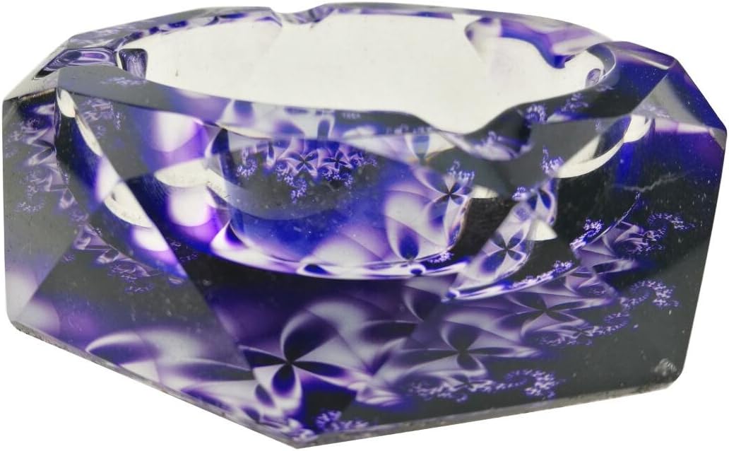 Winterworm Beautiful Colorful Transparent Octangle Shape Diameter 3.9" Cigar Cigarette Crystal Glass Ashtrays with 4 Grooves Home Office Tabletop Desk Decoration (Purple Flowers)