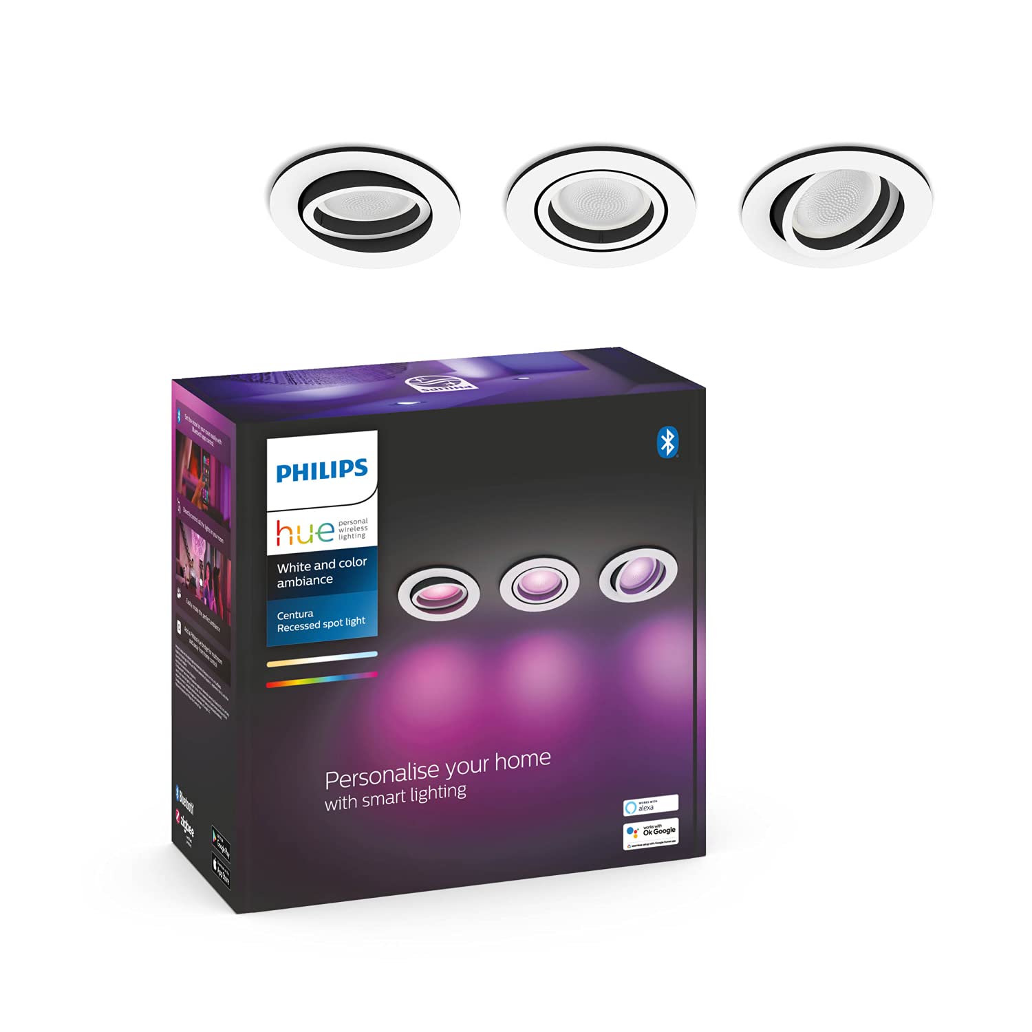 Philips Hue - Foco Inteligente Empotrable Hue Centura 5.7W, 350 lm, Luz Blanca y de Colores, compatible con Alexa y Google Home - Blanco, Pack de 3