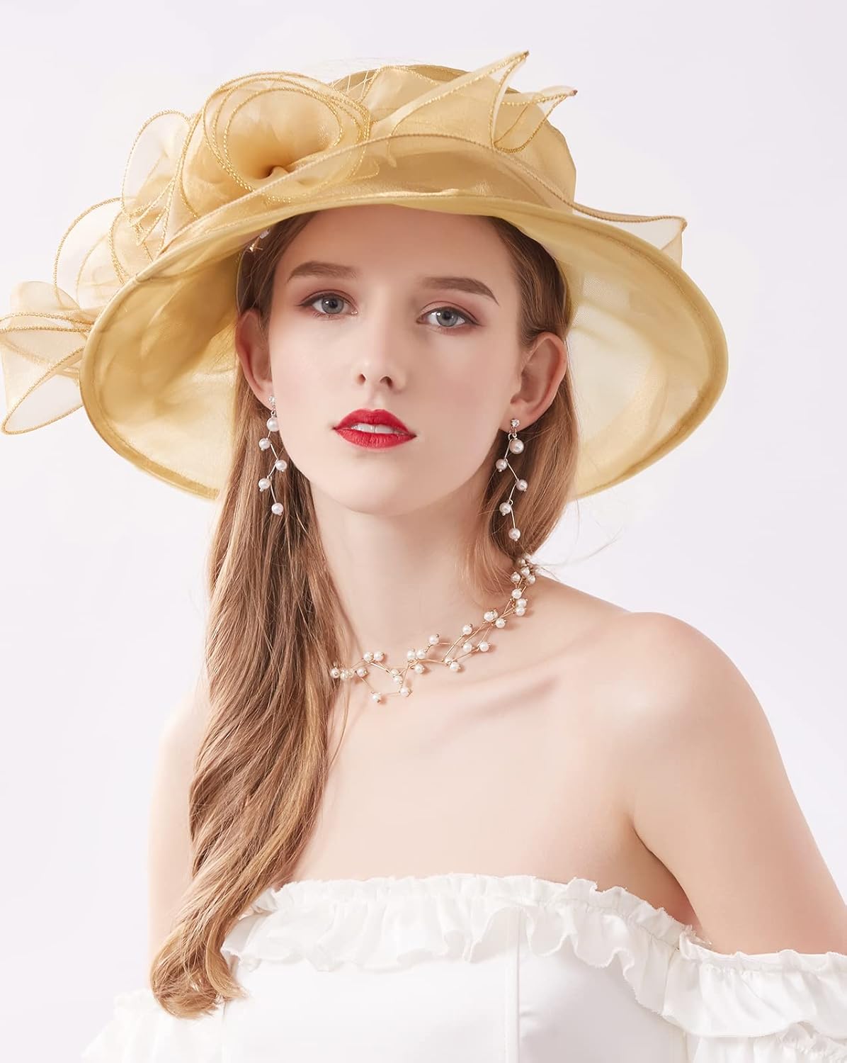 Women Derby Fascinator Hat Organza Church Wedding Hats Wide Brim Cocktail Tea Party Hat - Image 5