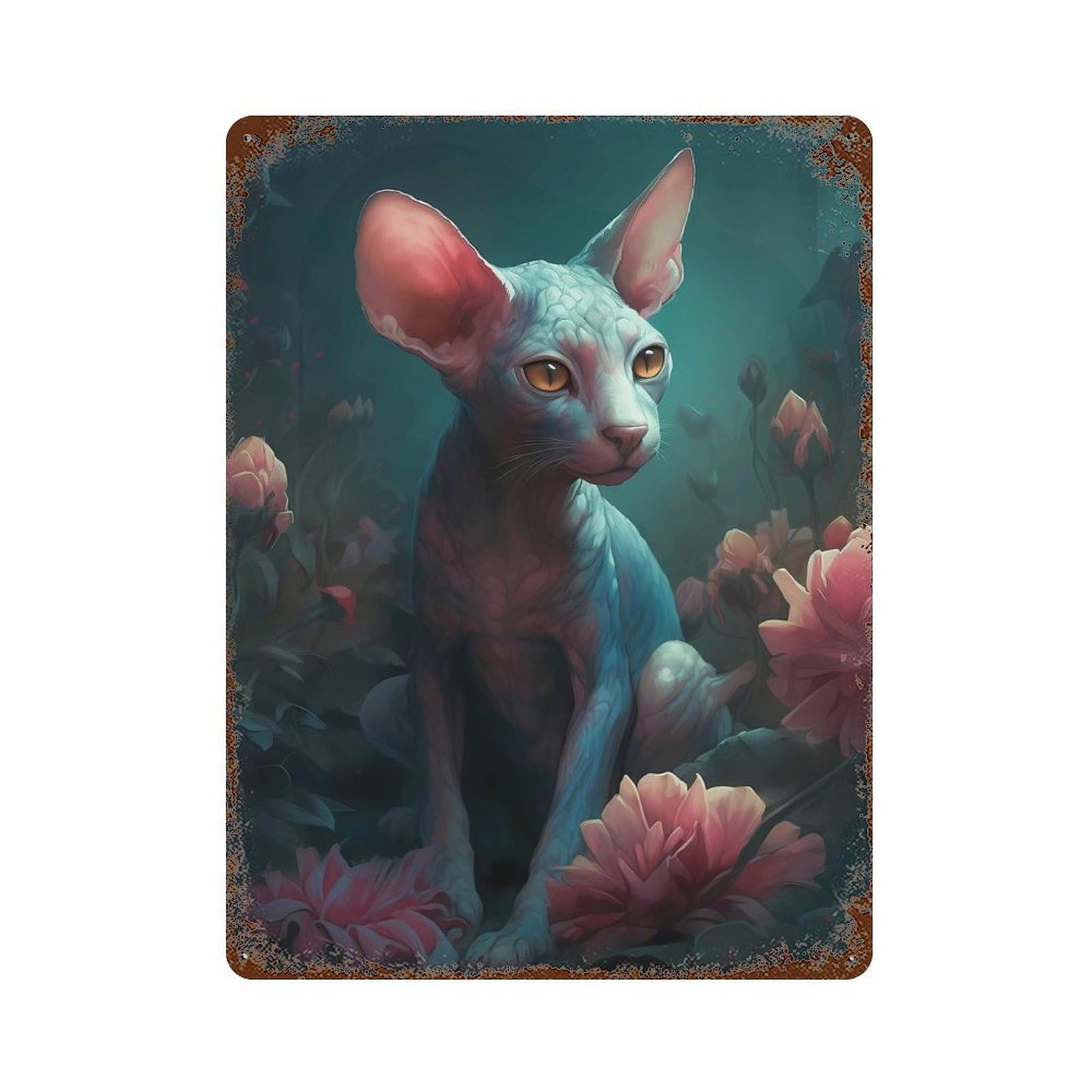 Vintage Rust Metal Sign with Cornish Rex Cat Mythical Design 15.7"x11.8", for Garage, Bar And Workshop Decor, Retro Wall Decor