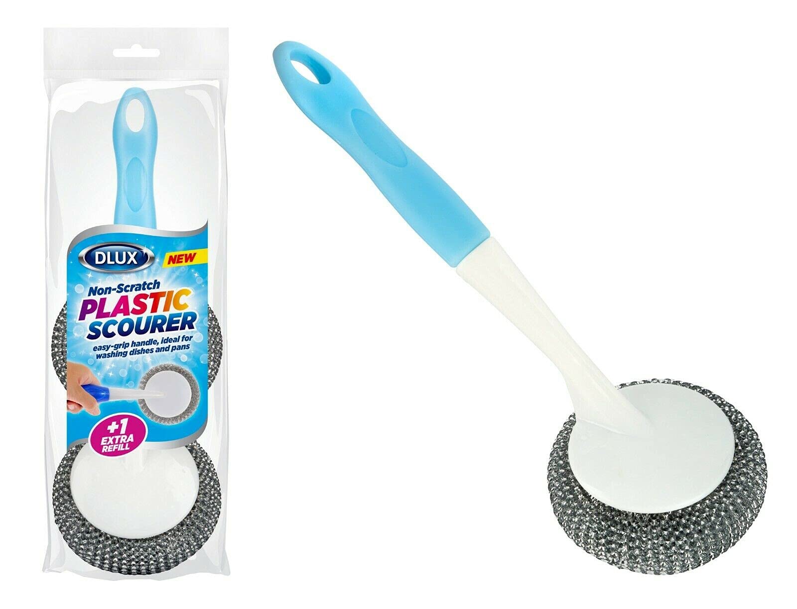 HOMESHOPA Long Handle Washing Up Scourer Non Scratch Wire Brush Scrub Plus 1 Extra Scouring Pad Ball - Easy Grip Cleaning Pots Pans