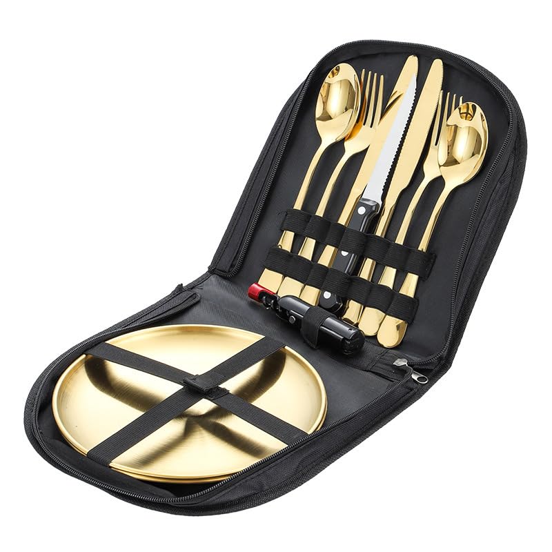 Besteck Set Edelstahl Camping Besteck für Zwei Holzgriff Messer Gabel Löffel Steak Clip Flaschenöffner 12 Stück Outdoor Geschirr
