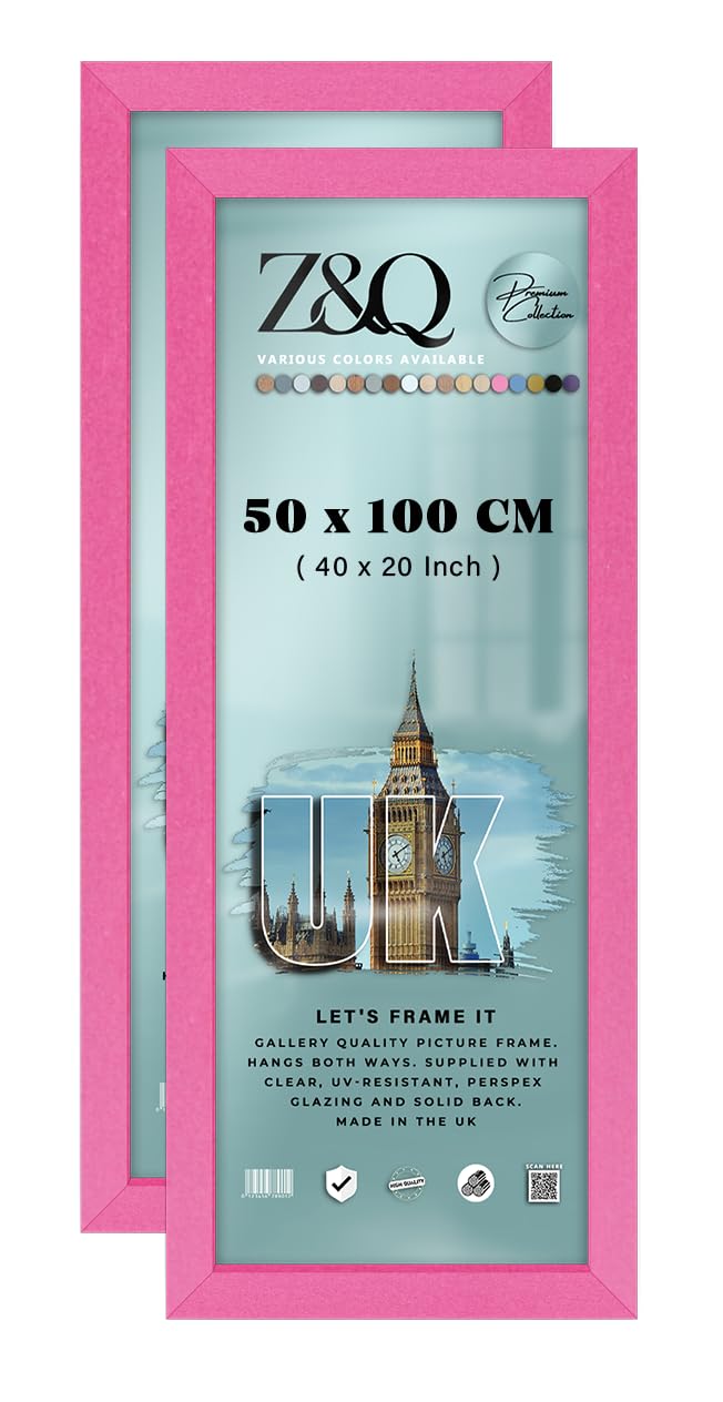 Z&Q pack of 2 Engineered Wood MDF Poster Frame (50 x 100 CM) Classic Wall Display 40" x 20" Sturdy Picture Frame [ Pink ]
