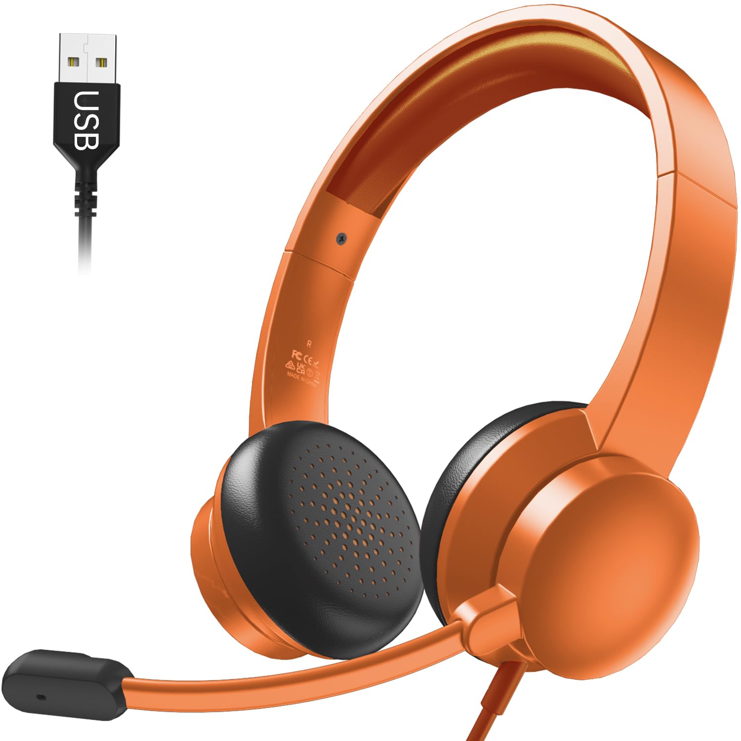 USB Headset with Microphone for PC, Wired Headphones with Mic USB Headset with Noise Cancelling Microphone, Computer Headset with Microphone for Home Office Online Class Teams Skype (Bright Orange)