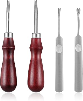 Molain 2 Pcs Leather Edge Skiving Beveler, 2 Pcs U/V Shaped groovers Leather Edge Beveler Tool, Wood Handle Stainless Steel Head Burnisher Leather Working Tools for DIY Craft 1.0mm & 1.5mm 3# + 5#