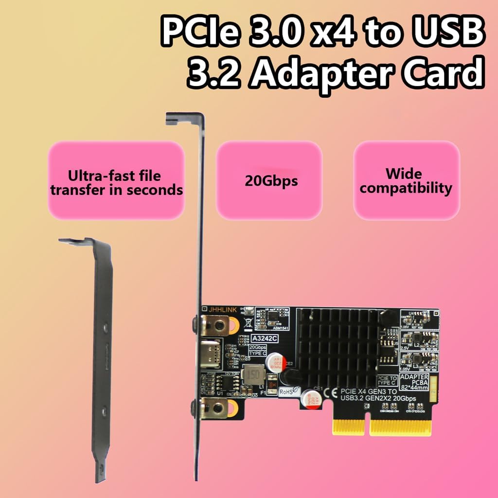 JMT PCIe3.0 x4 to USB C Adapter Card USB 3.2 Gen 2x2 20Gbps Expansion with Full + Low Profile Brackets for PC Motherboard