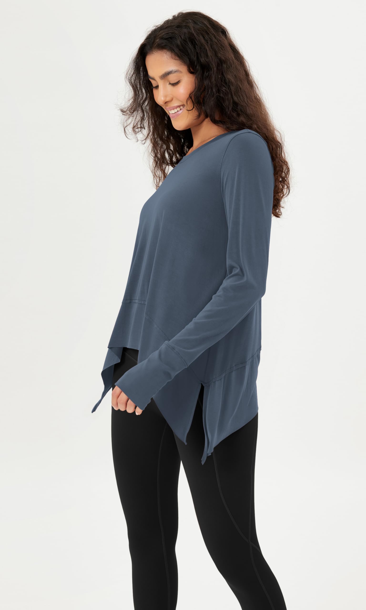 ODODOS Women's Modal Soft Long Sleeve Tee with Thumb Hole Athletic Gym Workout Tops Yoga Shirts, Dark Blue, Small