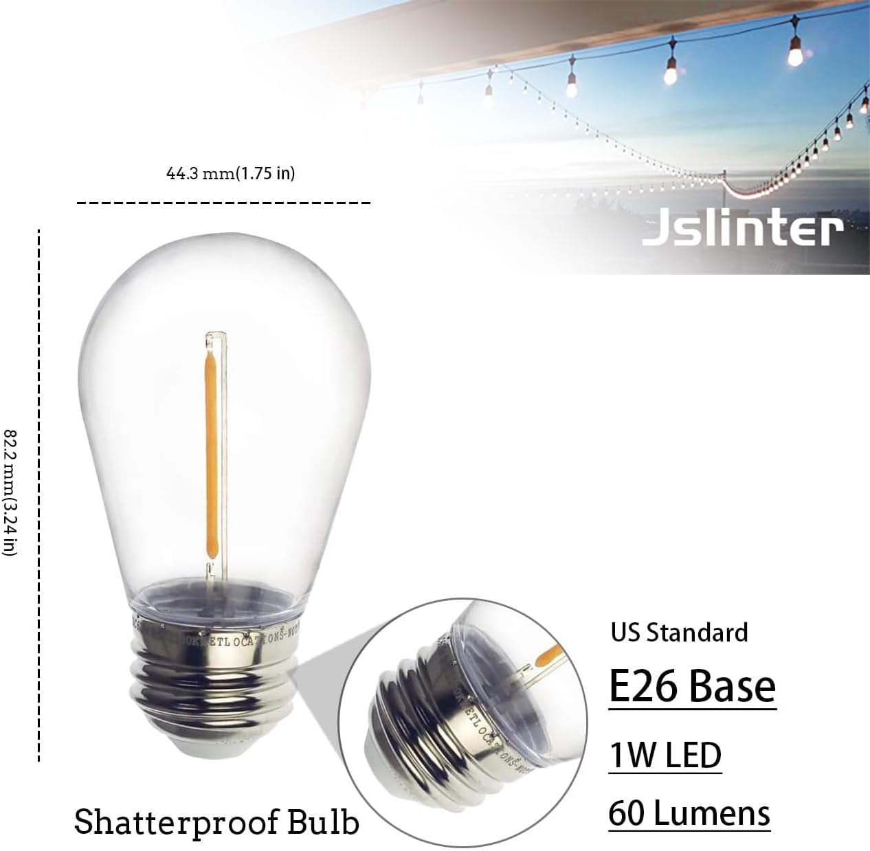 Jslinter S14 1W Outdoor String Lights Bulbs LED, Shatterproof & Waterproof, 2200K Warm White, 11W Equivalent, E26 Base, Edison Vintage Style Replacement for Patio Garden, 16-Pack