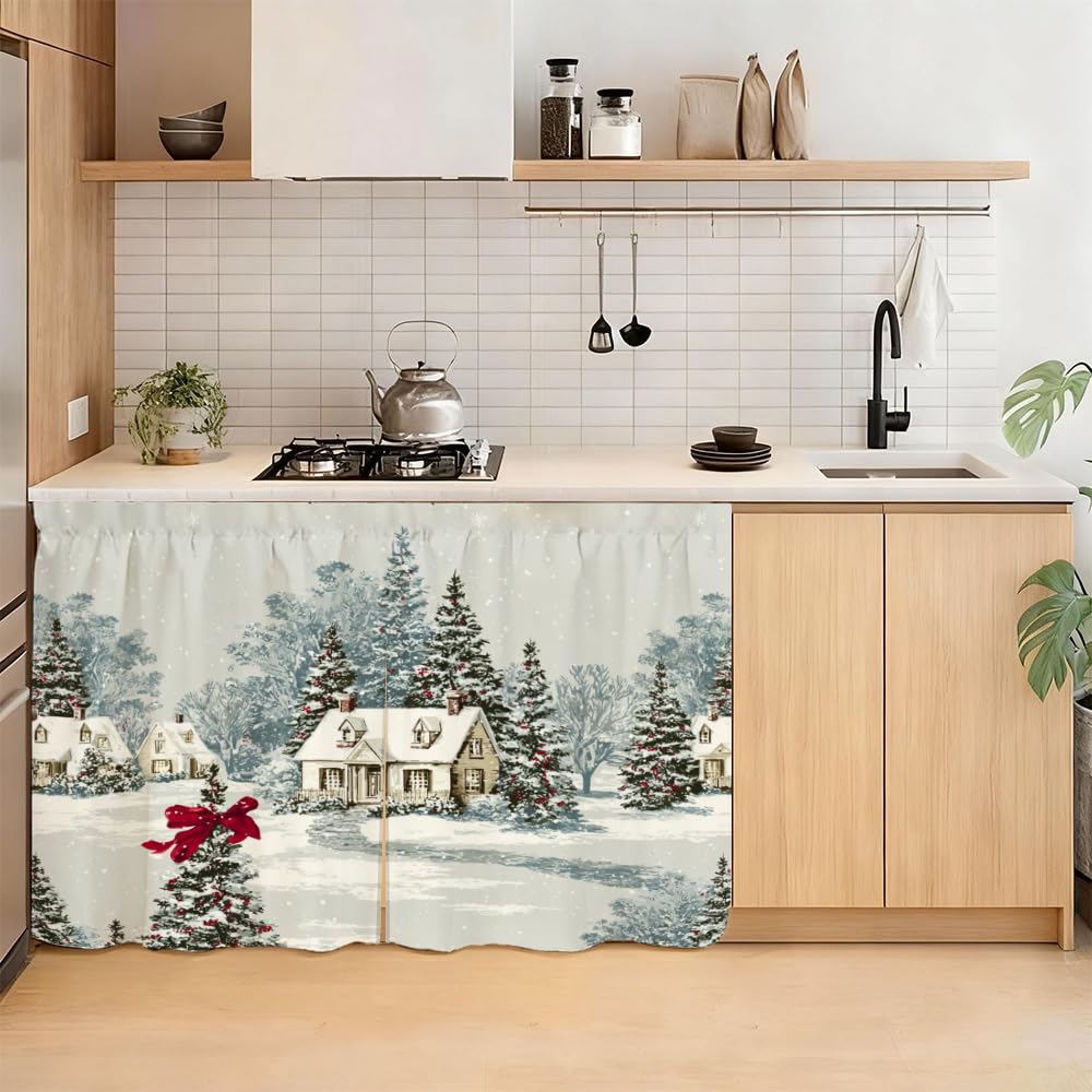 Self Adhesive Vintage Cottage &amp; Pine Cabinet Curtain for Mother's Day, 39x28 Inch Farmhouse Manor Under Sink Skirt No Drill, Spring Cleaning Kitchen Decor, Hook and Loop Laundry Valance