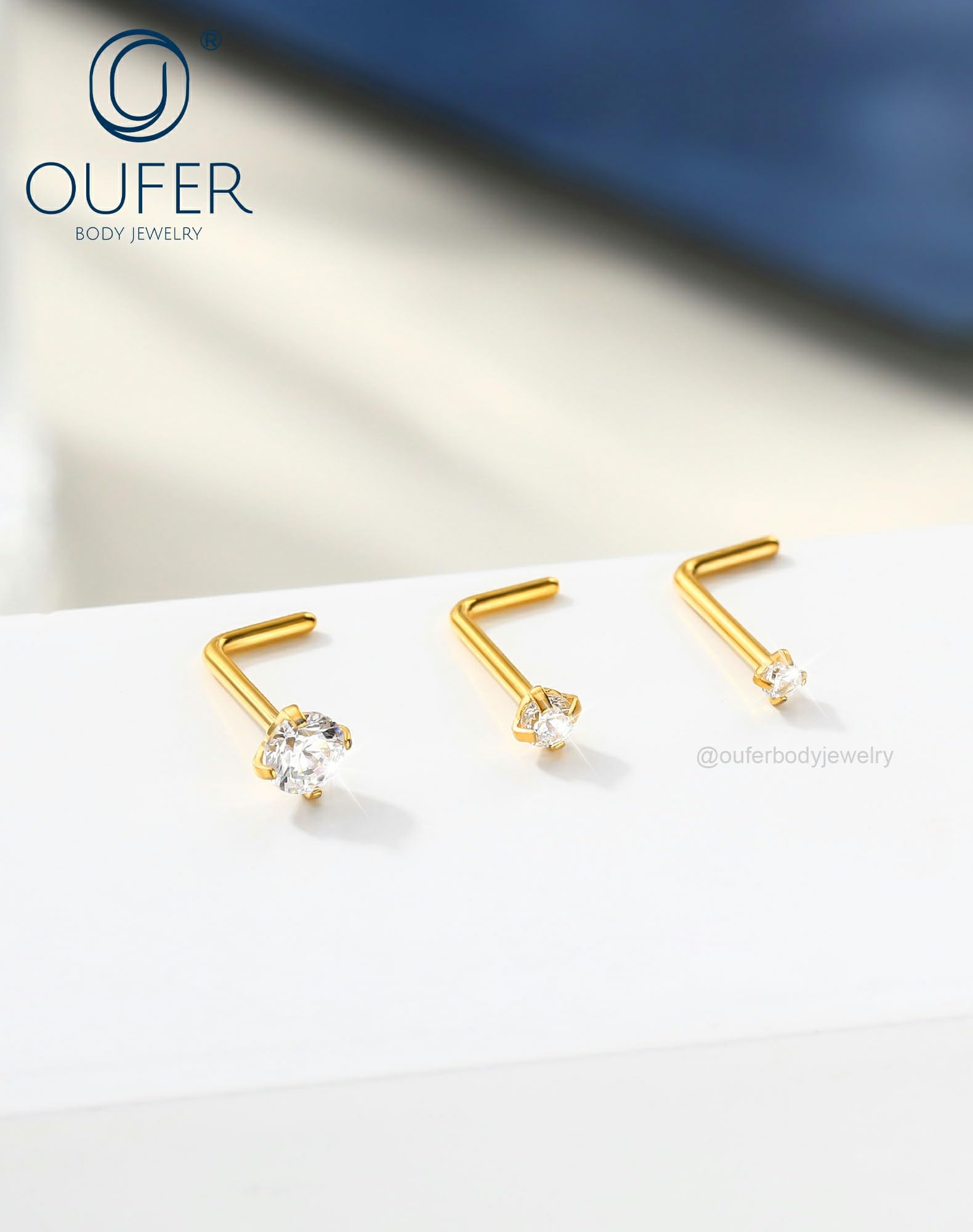 OUFER Body Piercing Nose Studs: 5PCS 20G Titanium Nose Bar L Shaped Nose Rings, 6 mm Gold Nostril Piercing Jewelry Cubic Diamond Thin Body Jewellery for Women - 4