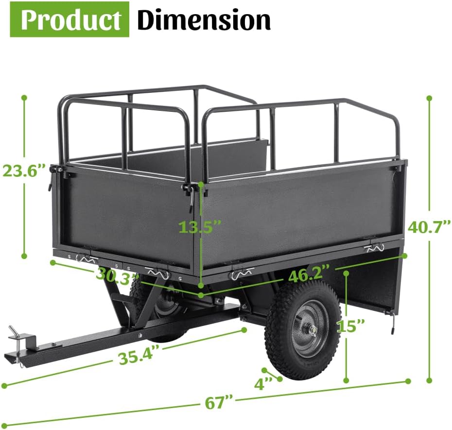 600LBS Heavy Duty Steel Dump Cart Trailer, 17 Cu.Ft Tow-Behind Hauling Wagon, Dual-Control Dumping, 16" All-Terrain Tires for ATV/Lawn Tractor