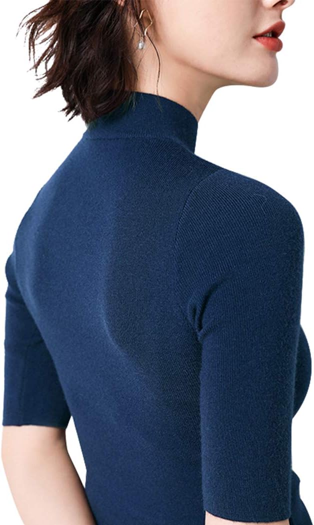 Anbenser Women’s Short Sleeve Mock Pullover Sweater Knit Jersey Top Slim Fit (Navy, S) - Image 4
