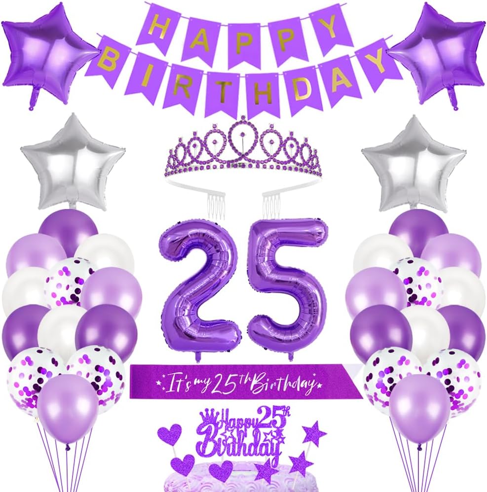 25th Birthday Decorations Girls Birthday Princess Crown Birthday Sash Happy Birthday Banner Cake Toppers Number Balloons Decorations Set for 25 Years Old Birthday Party Supplies, Warm Photo Backdrop