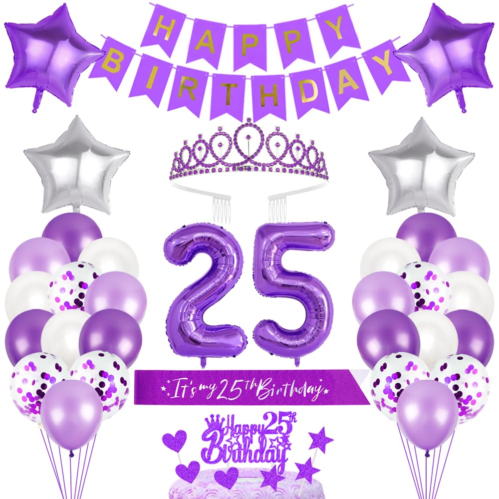 25th Birthday Decorations Girls Birthday Princess Crown Birthday Sash Happy Birthday Banner Cake Toppers Number Balloons Decorations Set for 25 Years Old Birthday Party Supplies, Warm Photo Backdrop