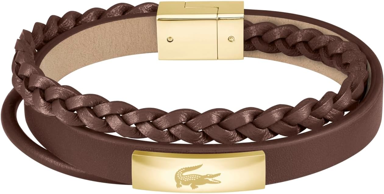 Lacoste Fusion Family Ionic Plated Thin Gold Steel & Brown Leather Men's Bracelet - 2040317