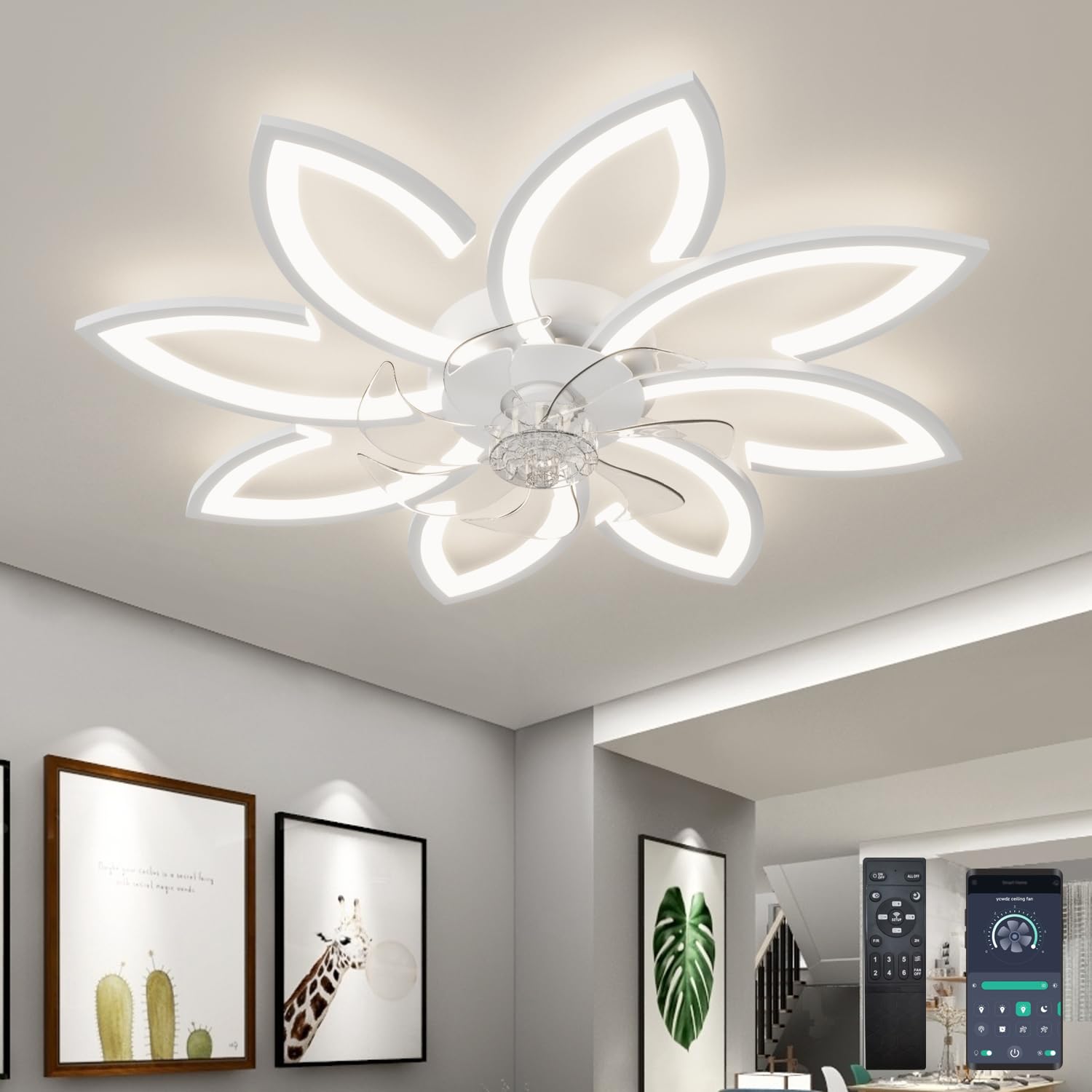 ycwdcz Ventilador de Techo con Luz y Mando a Distancia, Lampara Ventilador Techo Silencioso, flor Diseño Moderno, Regulable, Función Memoria, Motor DC, Verano Invierno Reversible, Blanc