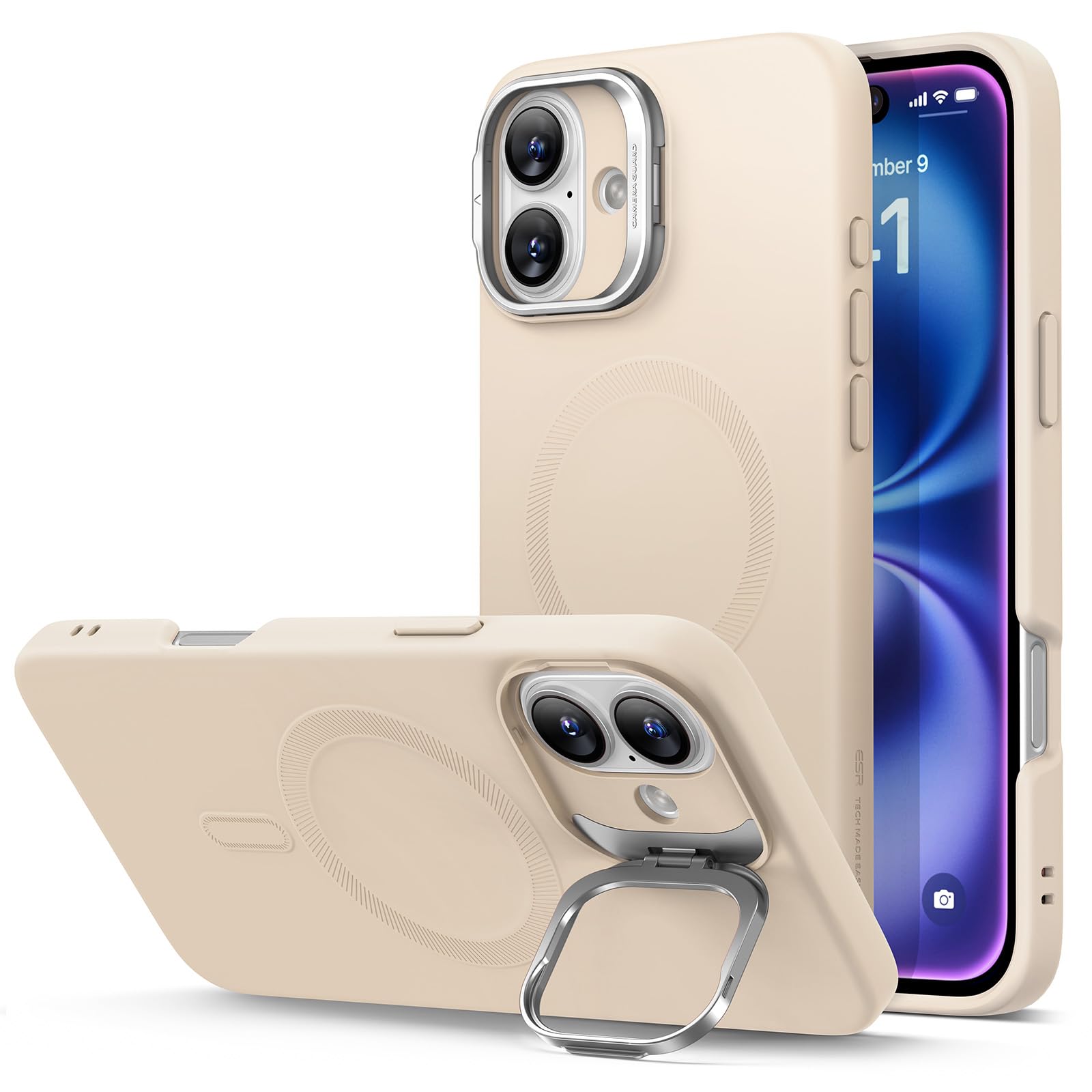 ESR Custodia in silicone con supporto per iPhone 16, Protezione di livello militare, Supporto per fotocamera integrato, Custodia magnetica, Serie Cloud, Marrone Chiaro