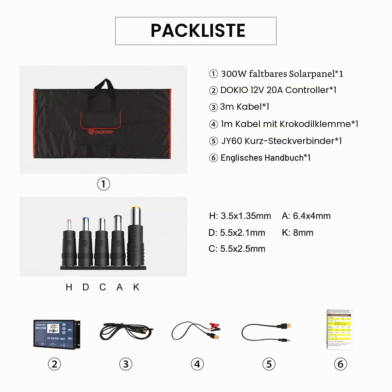 DOKIO Solarpanel Faltbar 300W 18V Kit Monokristalline mit Solar Ladegerät (LCD Anzeige + 2 USB Ausgang) und Kabel für 12V Kfz Batterie, AGM, GEL, Säurebatterie, Generatoren plug and play