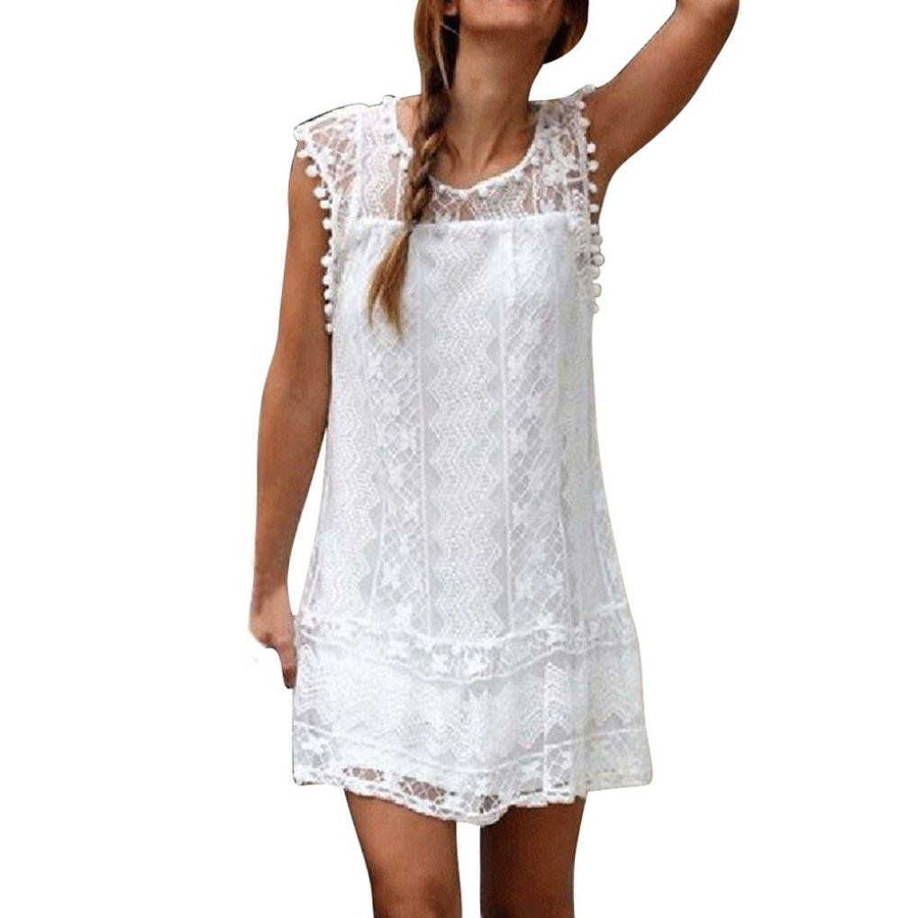 OverDose mujer Overdose Vestido Casual Sin Mangas De Encaje De Playa para Mujeres Mini Vestido Casual De Borla O-Cuello SóLido