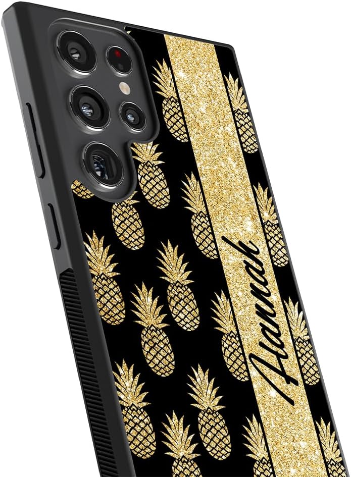 Gold Pineapple Personalized Black Rubber Phone Case Compatible With Samsung Galaxy S25 S25+ S25 Ultra S24 S24+ S24 Ultra S24FE, S23 FE S23+ Ultra S22 S22+