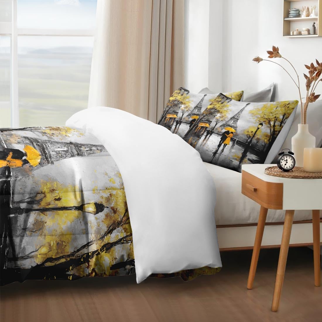 3Pcs Full Size Comforter Set, Black and White Paris Eiffel Tower, Bedding Decor Yellow Umbrellas Romantic Couple for Kids and Adults, Soft Cozy Bedroom Bed Set
