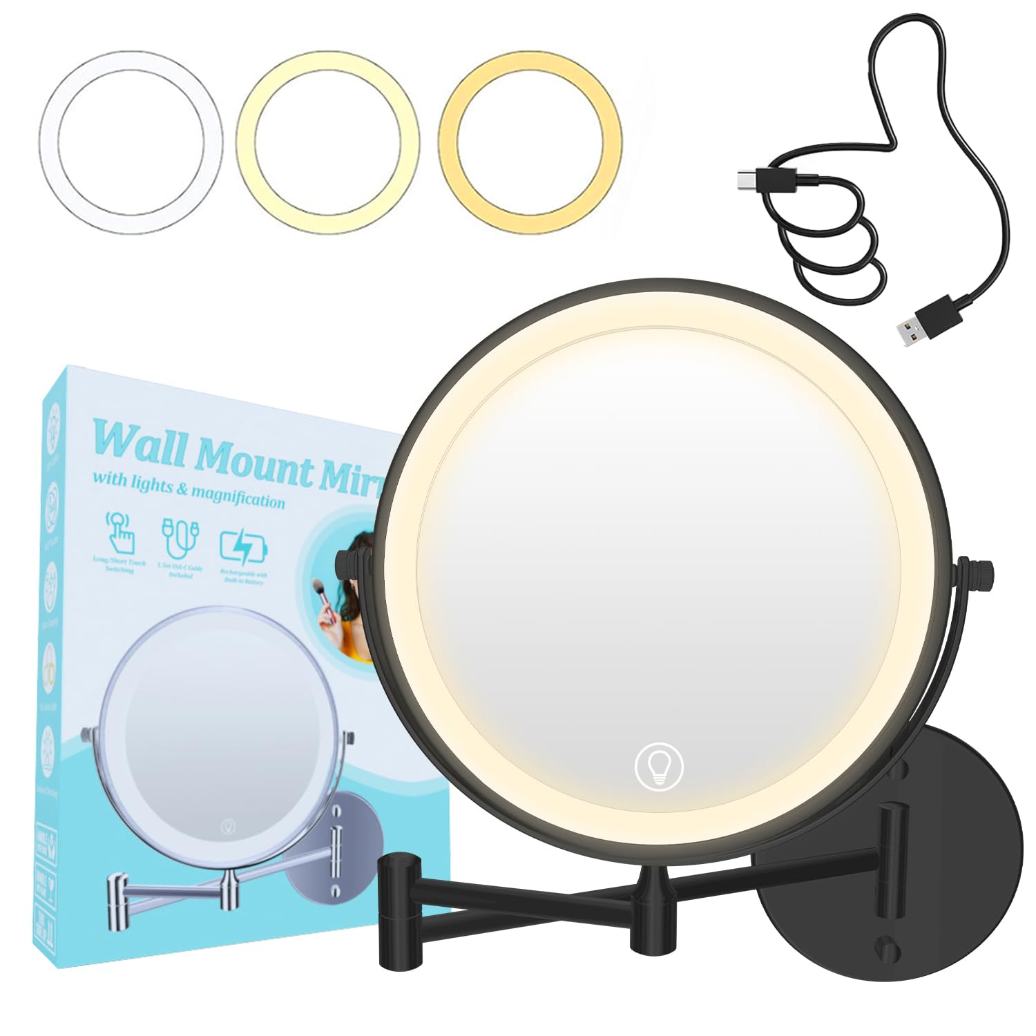 9inch Wall Mounted Makeup Mirror with Lights, 1x/20x 5000mAh Rechargeable Magnifying Mirror with Light, 360° Rotate Bathroom Mirror with Lights, 3 Color, 80 LEDs, Stepless Dimmable