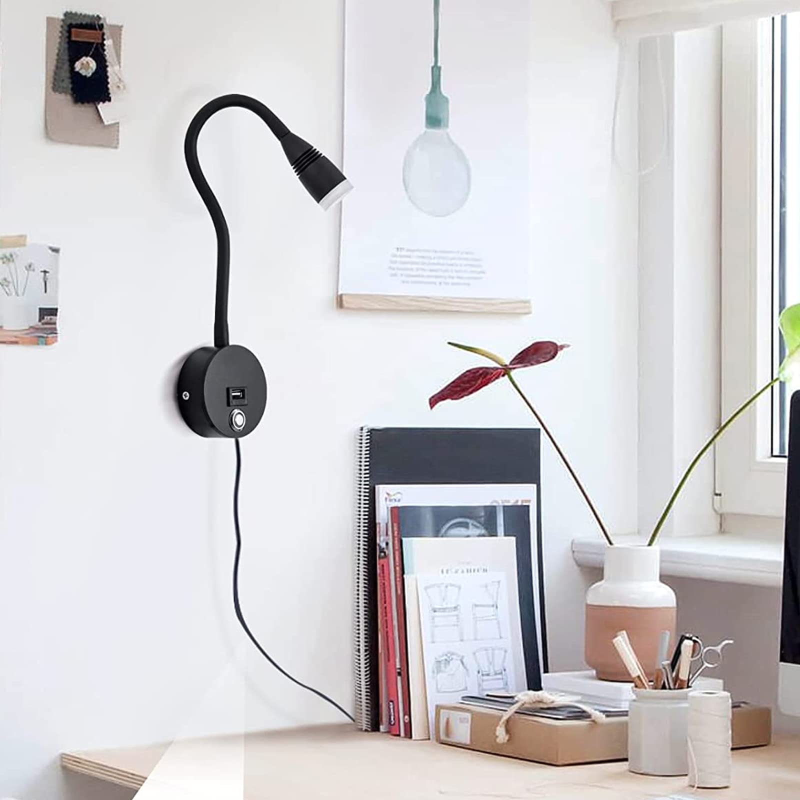 VOMI 3W LED Leselampe Bett Wandmontage Schlafzimmer Wandlampe Dimmbar mit Touch Schalter & USB Port, 2 Stück Wand-Leselampen 360° Flexible Schwanenhals Lampe Schwarz Wandspot mit USB-Stecker