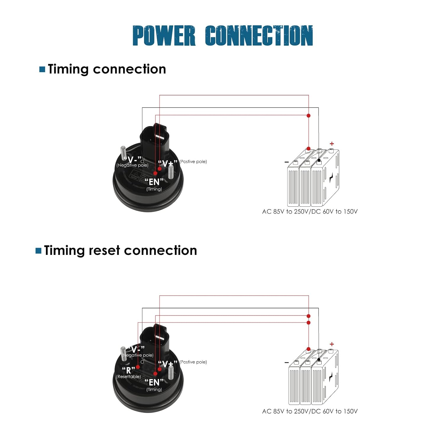 Wiring diagrams for timing connection and timing reset connection for Runleader RL-HM069B hour meter