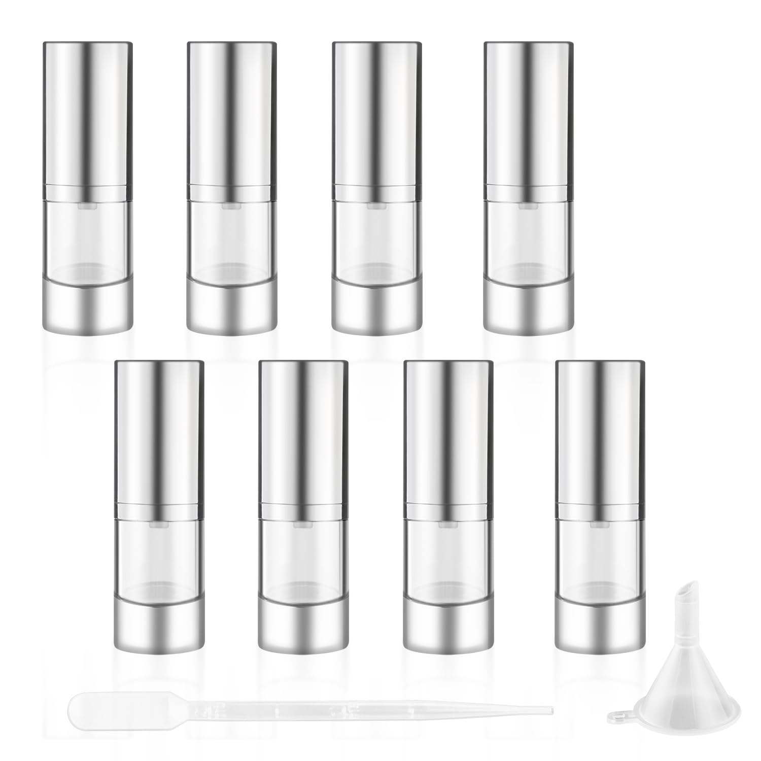 DynnnDy 15ml/0.5oz Empty Airless Pump Bottles with Silver Pump Head 8 Pcs Plastic Vacuum Bottle Refillable Cosmetic Containers for Lotion Cream Foundation,1Funnel & 1 Pipette