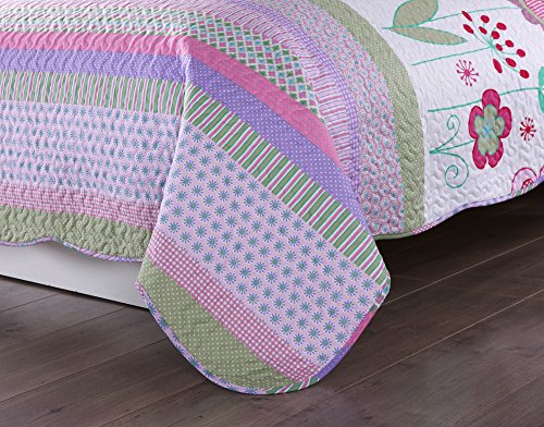 MarCielo 3 Piece Kids Bedspread Quilts Set Throw Blanket for Teens Girls Bed Printed Bedding Coverlet, Full Size, Purple Floral Striped (Full) - Thumbnail 5
