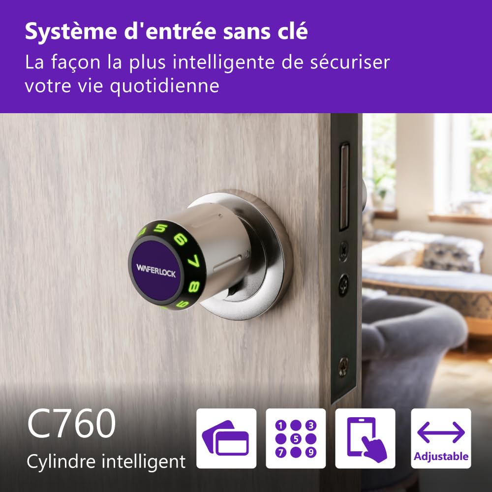 Serrure connectée cylindre européen WAFERLOCK C760, IP68 étanche, résistance au feu, app Bluetooth, badge RFID/code PIN, anti-perçage, 35/35–50 mm (70–85 mm), nickel, EN15684