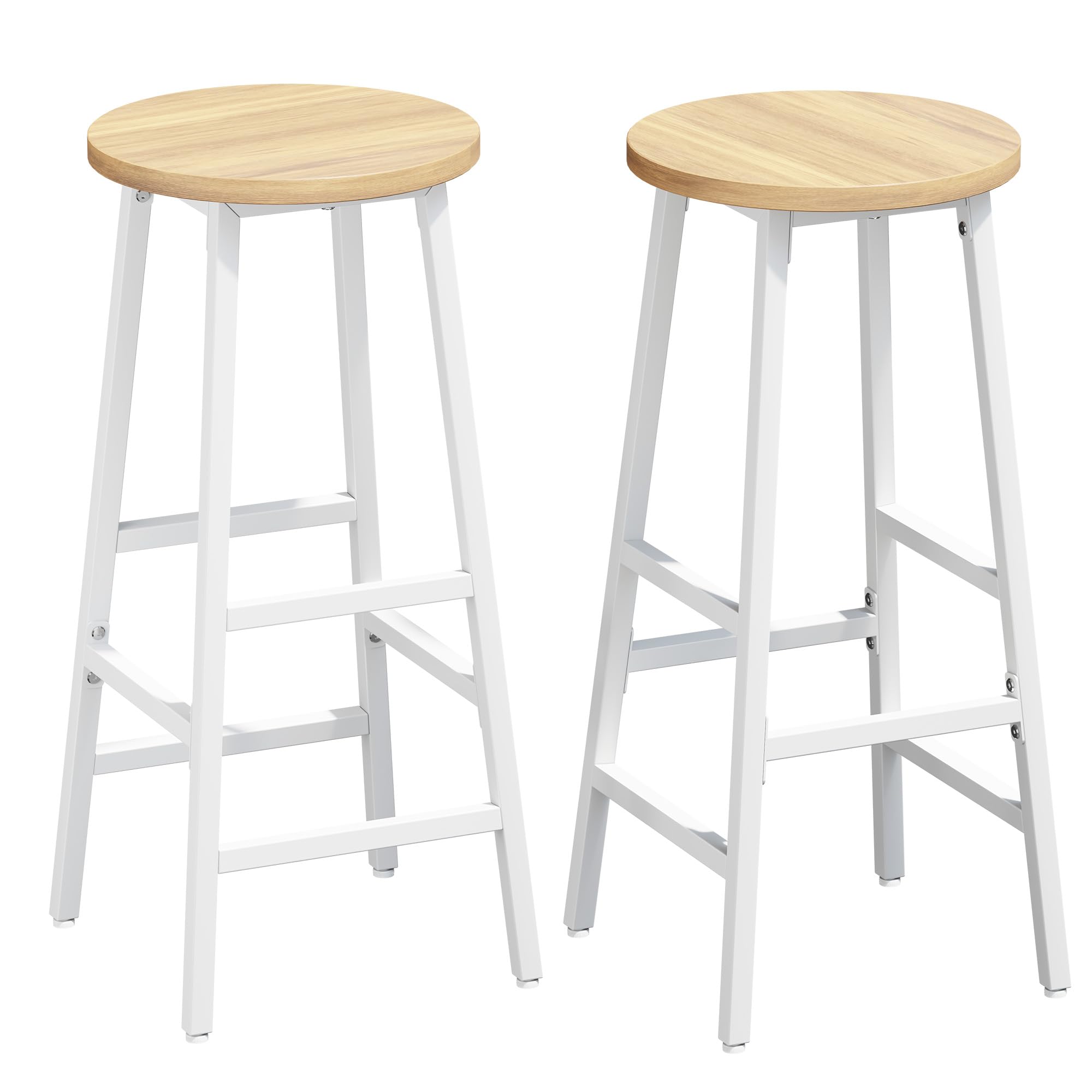 YOUDENOVA Juego de 2 taburetes de Bar, Estructura de Madera y Metal, estables y compactos, con reposapiés, 71 cm, Estilo Industrial, para Cocina y Comedor, Roble Claro + Blanco