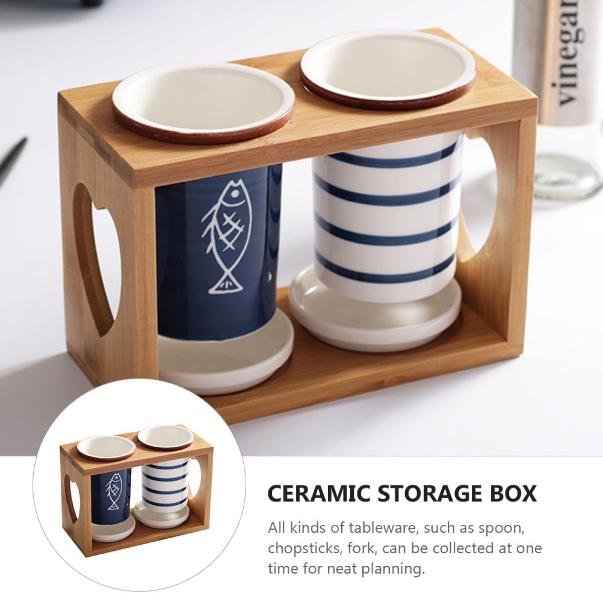 Ceramic Cutlery Canister with Base, Chopstick Drain Rack Kitchen Storage Organizer, Multipurpose Tableware Storage Box for Home Use