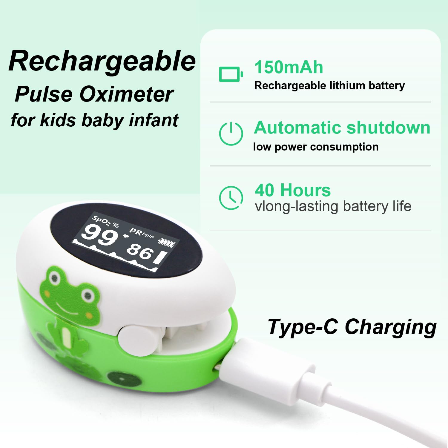 Oximètre d'impulsion de pointe du doigt pour les enfants, saturation d'oxygène pédiatrique rapide et moniteur de fréquence cardiaque, moniteur SpO2 rechargeable avec écran lumineux pour bébé nourrisso