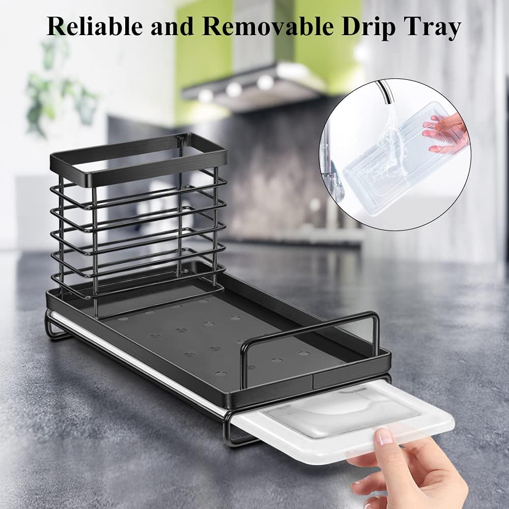 Nieifi Sink Caddy Organizer with Removable Drip Tray, Rust Proof Sponge Holder for Kitchen Sink, Stainless Steel Brush Soap Holder Black