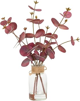 Velener Faux Eucalyptus Stems in Vase with Faux Water, Fake Plants Artificial Eucalyptus Plant for Home Decor, Kitchen Bathroom Farmhouse Living Room Coffee Table Centerpieces For Tables Red -1 Pack