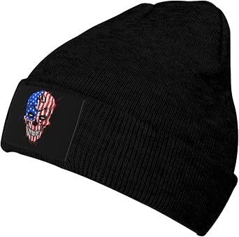 Creative American Patriot Skull National Flag Beanie Hat Acrylic Knit Warm Winter Hats for Women Men Skull Cap Black