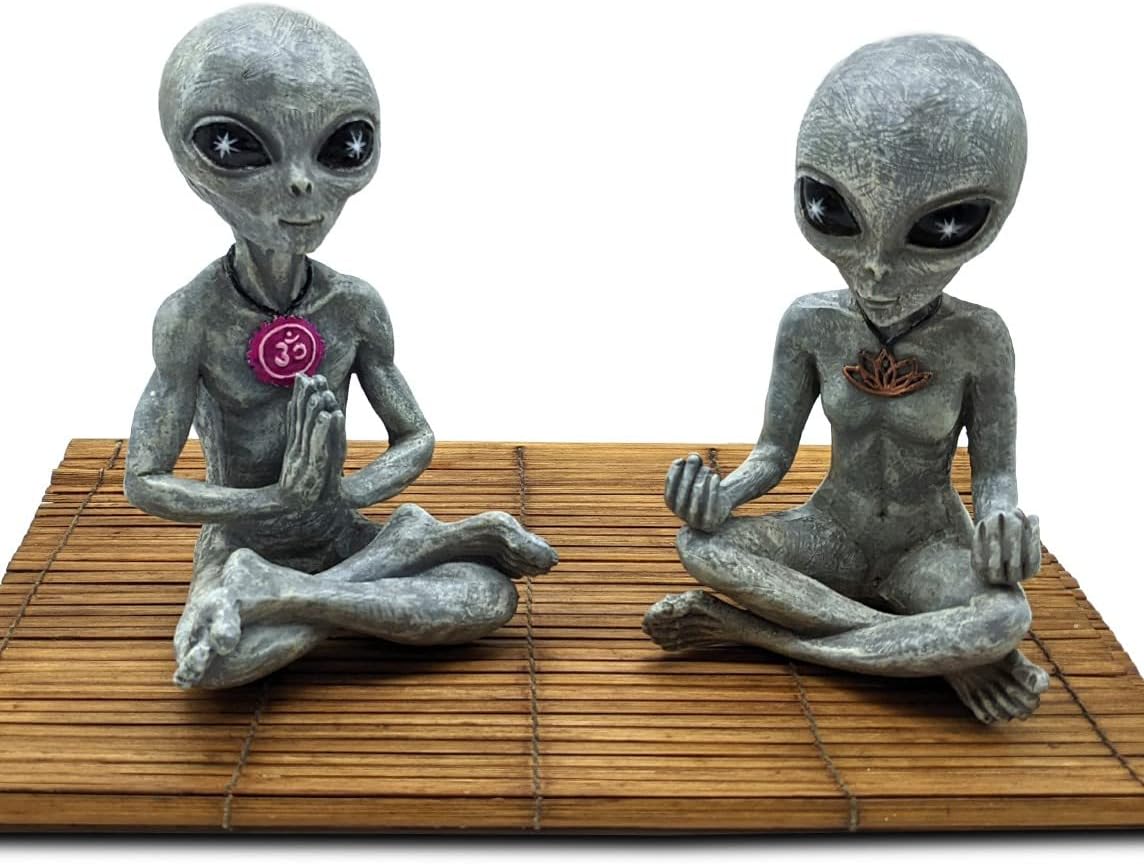 John Bernard & Company “Zen and Yoga” Alien Statues Couple Meditating Alien Figurines Shelf Sitters Indoor/Outdoor Funny Home Patio or Garden Decoration – Set of 2 (Starlight Bronze)