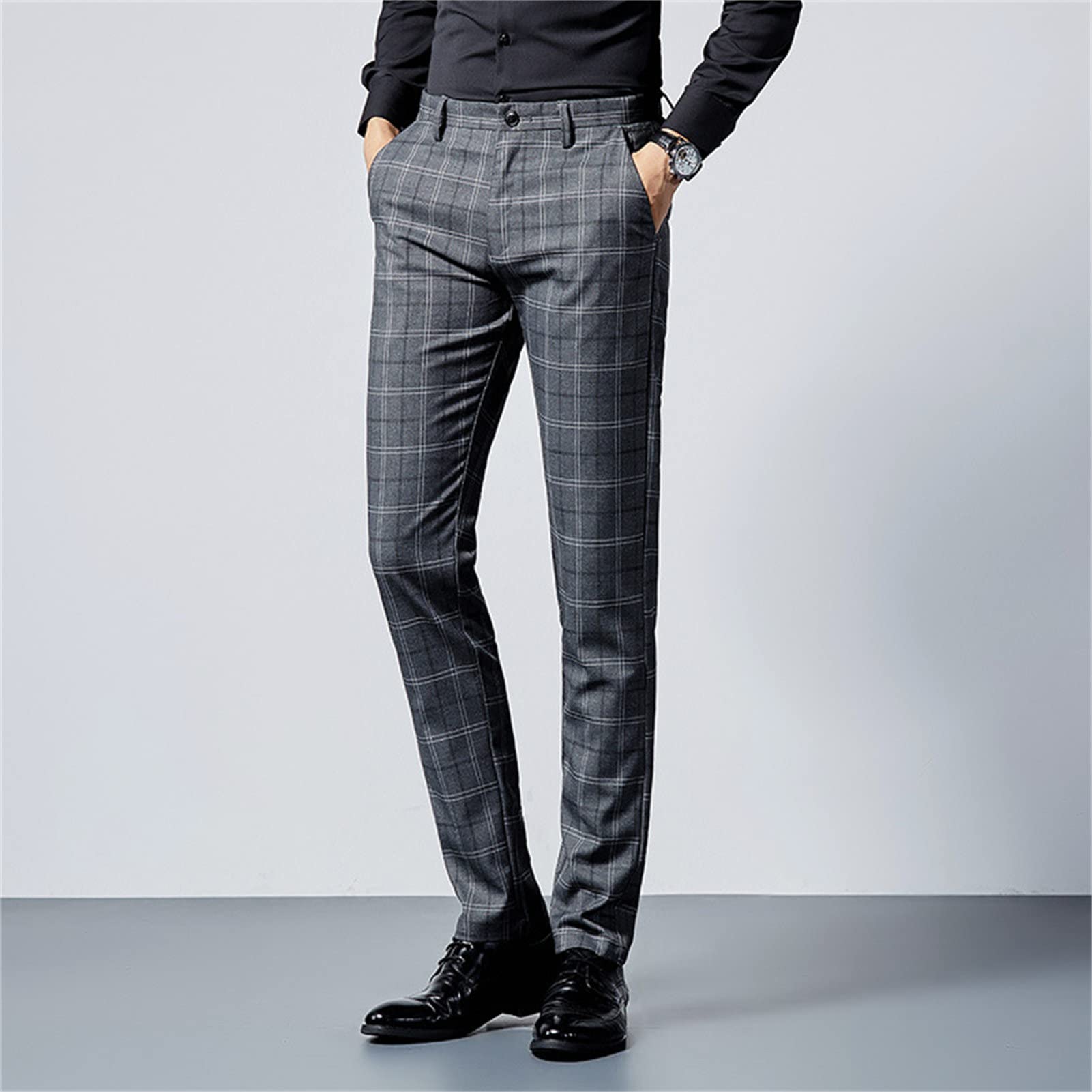 Men's Plaid Business Comfort Pant Casual Straight Fit Tapered Suit Pant Classic Lightweight Wedding Trousers (Grey,31)