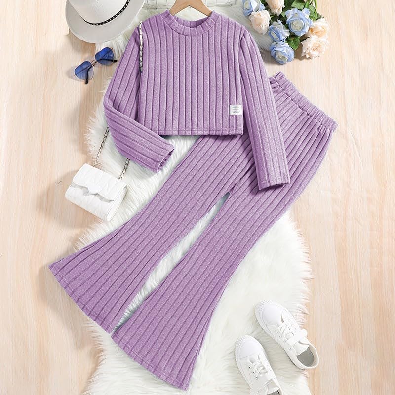 Kids Girls Ribbed Knit Crop Pullover Solid Color Long Sleeve Crew Neck Sweater Slim Flared Trousers Clothes Sets2