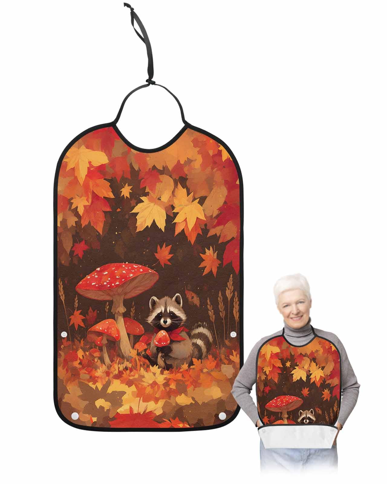 Fall Mushroom Raccoon Adult Bib for Eating with Crumb Catcher,Red Orange Autumn Maple Leaf Washable & Waterproof Terry Cloth Adjustable Elderly Women Men Adult Bibs Funny Apron Clothing Protector