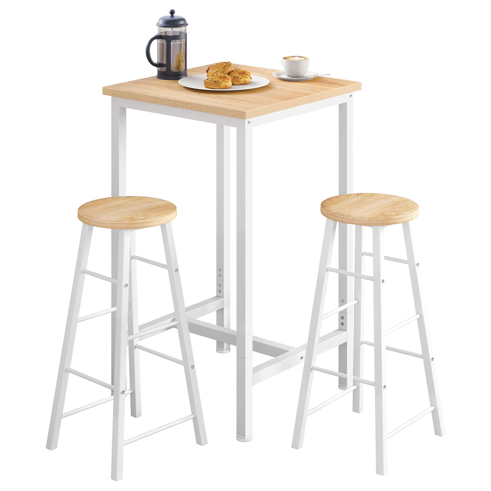 WOLTU Set Mesa de Bar y 2 uds. Taburete de Bar Muebles Cocina Silla de Comedor para Salon Cocina Mesa 60x60x100 cm Estructura de Metal, MDF Roble Claro + Blanco
