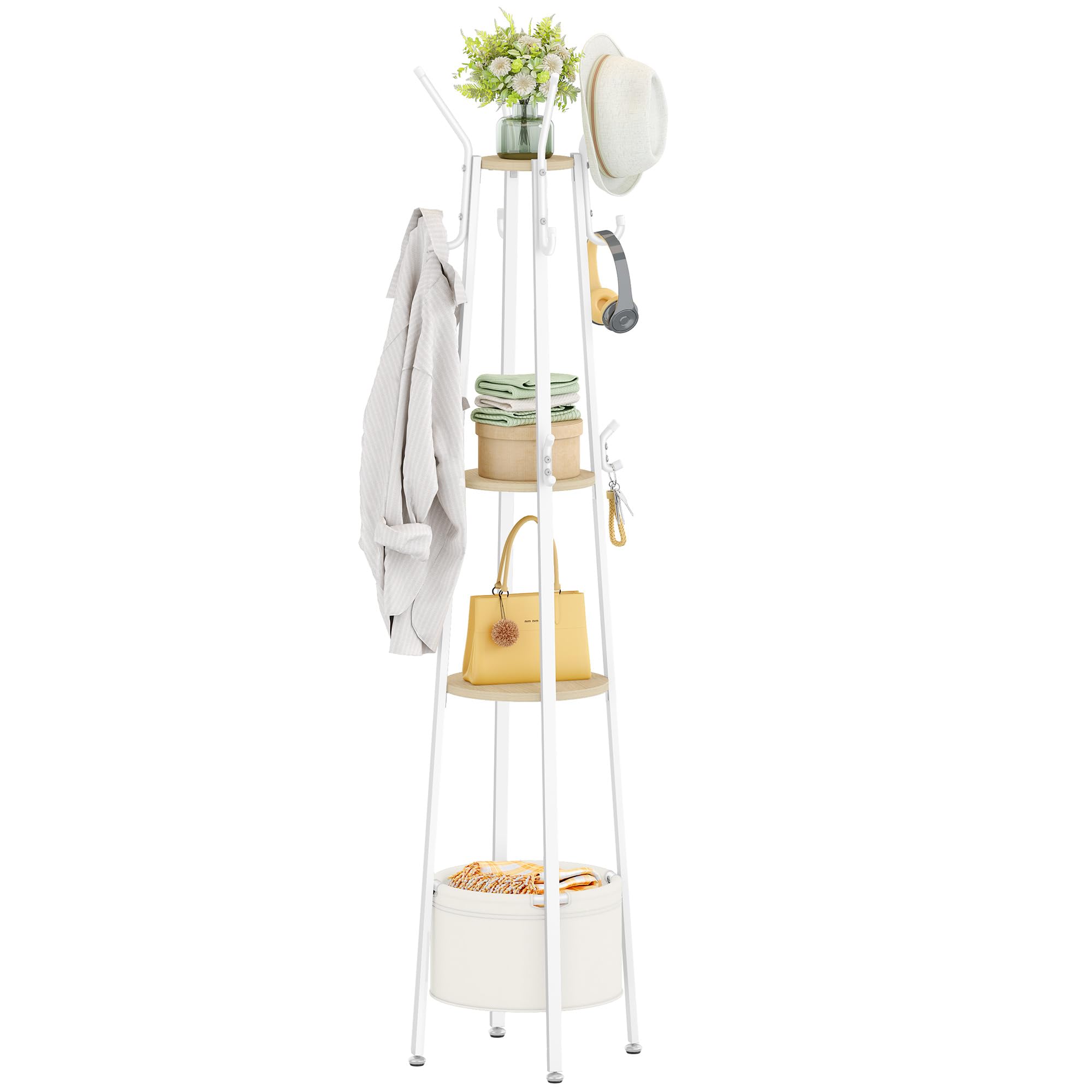 Hzuaneri Garderobenständer, Kleiderständer mit Großer Aufbewahrungskorb, Garderobe mit 3 Ablagen, 16 Haken, für Eingangsbereich, Schlafzimmer, 182,5 cm Hoch, Goldeichenfarben und Weiß CR27316W