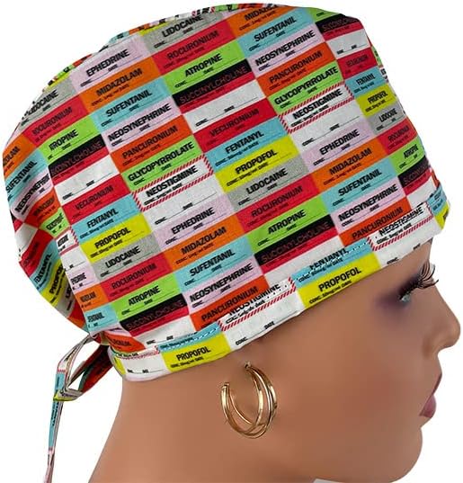 Unisex Medical Scrub Cap – Anesthesia Drug Labels - Dr. Hats, Nurses Hats. Multicolor