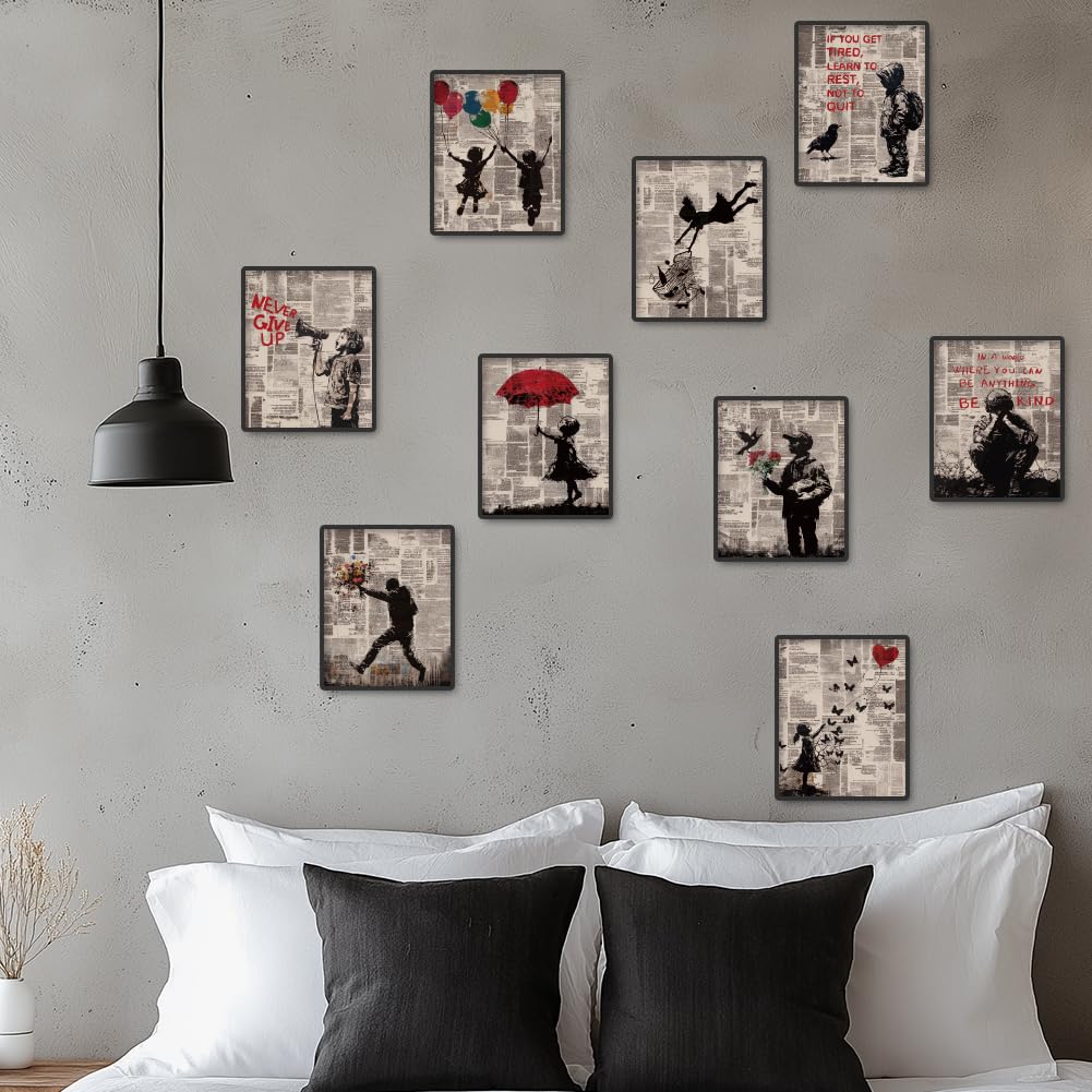 Set 9 Poster Su Tela Banksy Ispirazionali - 20x25 Cm, Stampe Miste Never Give Up - Decorazione Casa